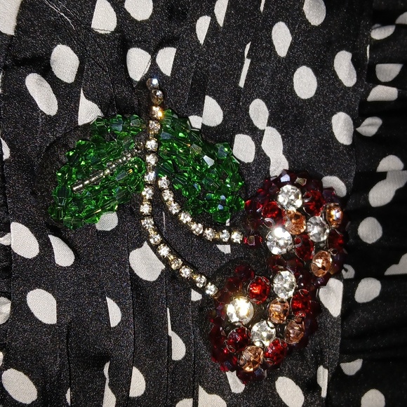 Betsey Johnson Black and White Polka Dot Low High Sleeve Dress Wirh CHERRY - Picture 4 of 5